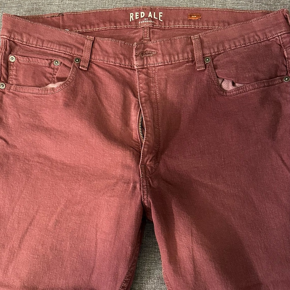 Men’s slim red denim jeans, size 38x32